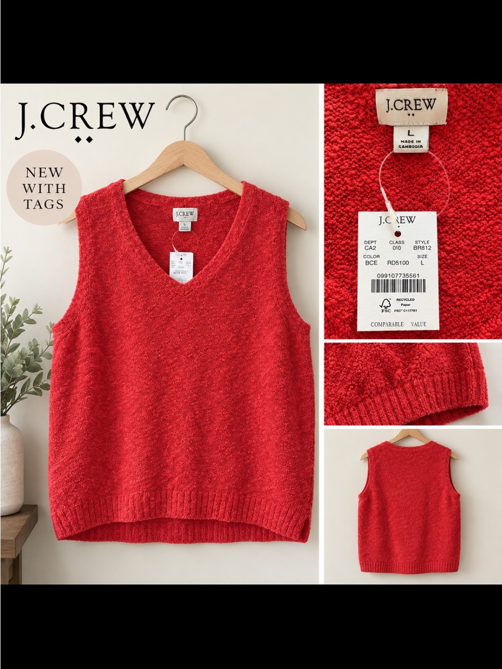 J. Crew Coral-Red V-Neck Sleeveless Knit Sweater Vest